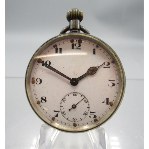 233 - Swiss silver keyless pocket watch, white enamel Arabic dial with subsidiary seconds, hinged case bac... 