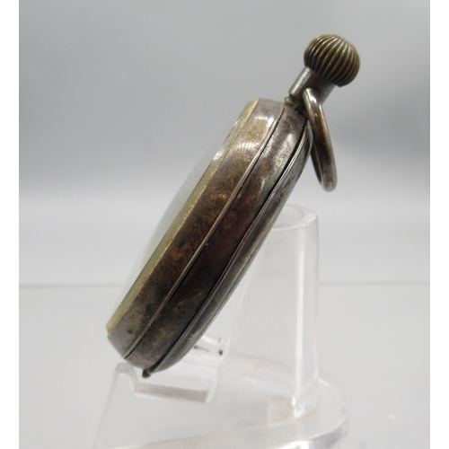 233 - Swiss silver keyless pocket watch, white enamel Arabic dial with subsidiary seconds, hinged case bac... 