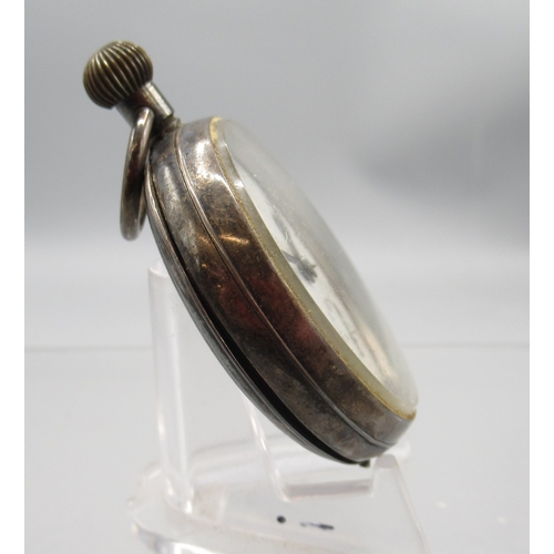 233 - Swiss silver keyless pocket watch, white enamel Arabic dial with subsidiary seconds, hinged case bac... 