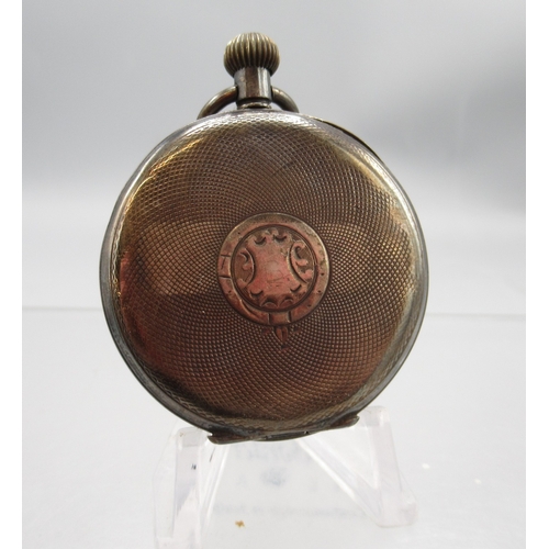 233 - Swiss silver keyless pocket watch, white enamel Arabic dial with subsidiary seconds, hinged case bac... 