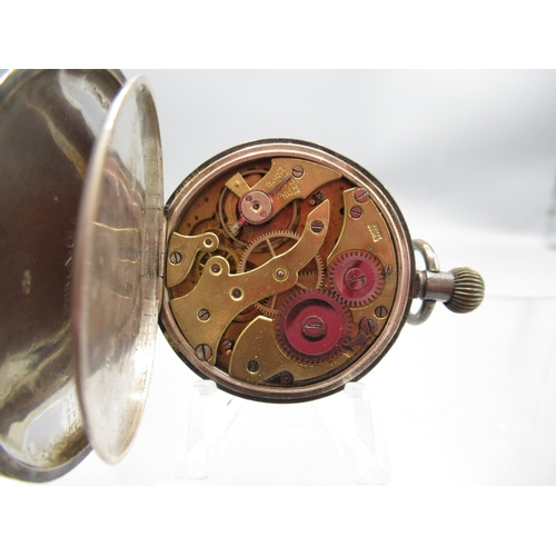 233 - Swiss silver keyless pocket watch, white enamel Arabic dial with subsidiary seconds, hinged case bac... 