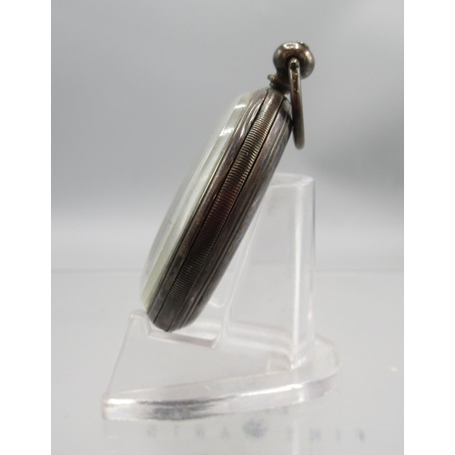 233 - Swiss silver keyless pocket watch, white enamel Arabic dial with subsidiary seconds, hinged case bac... 