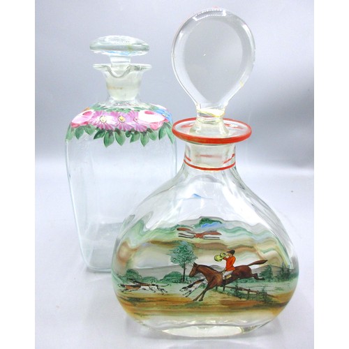 794 - Selection of early 20th Century hand-painted glass decanters, inc. one example, enamelled over decal... 