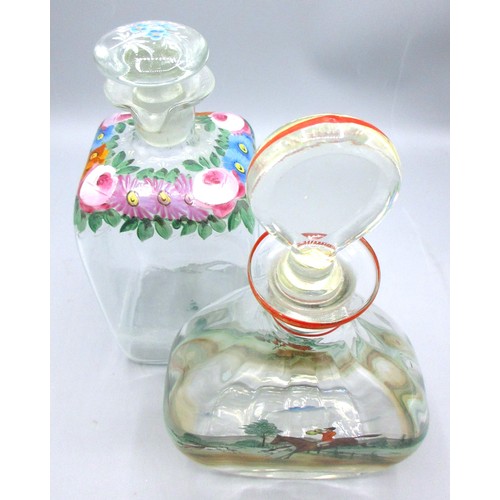 794 - Selection of early 20th Century hand-painted glass decanters, inc. one example, enamelled over decal... 