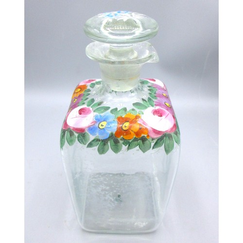 794 - Selection of early 20th Century hand-painted glass decanters, inc. one example, enamelled over decal... 