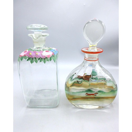 794 - Selection of early 20th Century hand-painted glass decanters, inc. one example, enamelled over decal... 