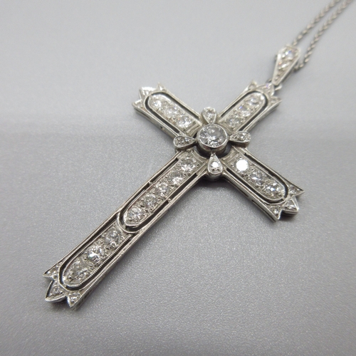 14 - Platinum necklace with diamond encrusted cross pendant, L41cm, pendant L5cm, W3cm, stamped PT850, 6.... 