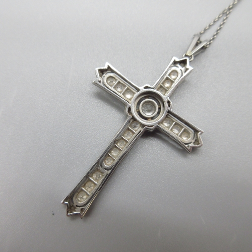 14 - Platinum necklace with diamond encrusted cross pendant, L41cm, pendant L5cm, W3cm, stamped PT850, 6.... 