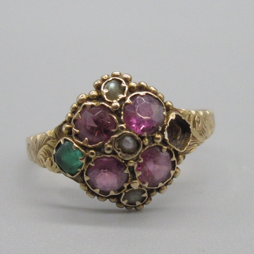 26 - Georgian 15ct yellow gold flower ring set with pink stones, emerald and seed pearls, beaded border t... 