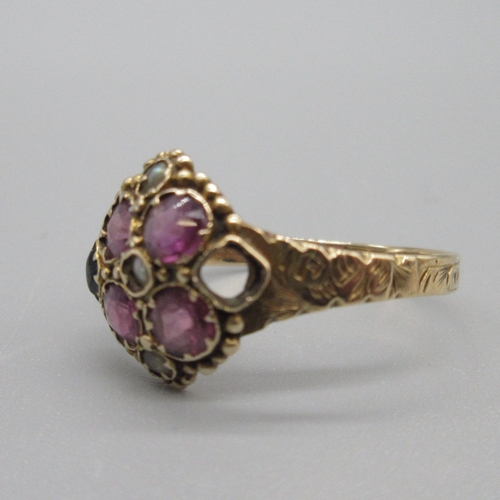 26 - Georgian 15ct yellow gold flower ring set with pink stones, emerald and seed pearls, beaded border t... 
