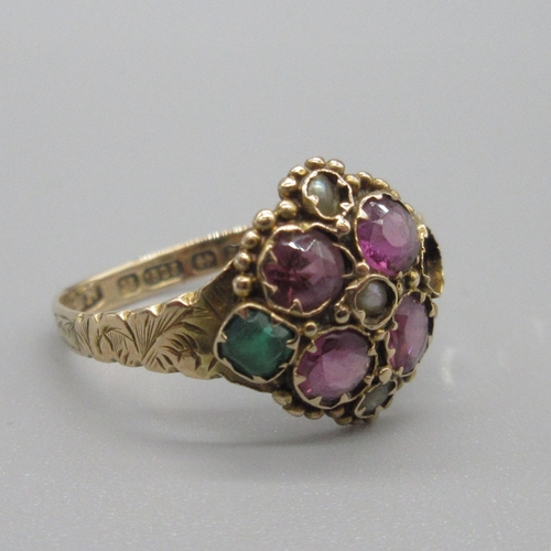 26 - Georgian 15ct yellow gold flower ring set with pink stones, emerald and seed pearls, beaded border t... 