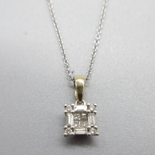 3 - 18ct white gold necklace with diamond pendant, pendant set with a mix of round and baguette cuts, cl... 