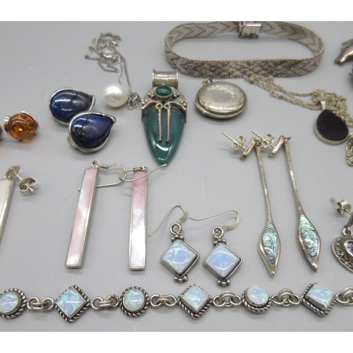 42 - Collection of silver jewellery to include earrings, bracelets, pendants, marcasite and enamel seahor... 