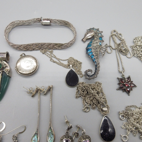 42 - Collection of silver jewellery to include earrings, bracelets, pendants, marcasite and enamel seahor... 