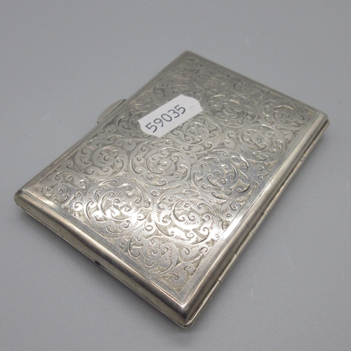 47 - Victorian silver card case with engraved scrolling covers, vacant cartouche, fitted fabric interior,... 