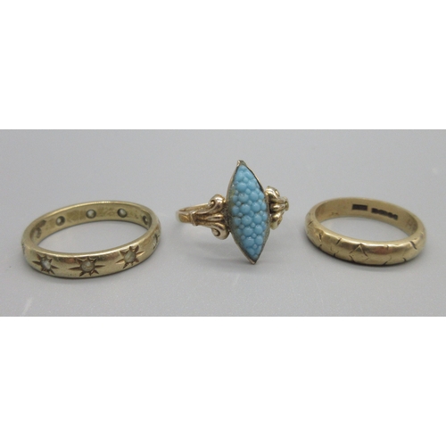 609 - Edwardian 9ct yellow gold turquoise pave ring, circa 1910, stamped 375, size O, 9ct yellow gold eter... 