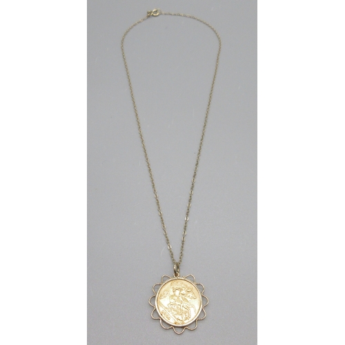 610 - George V 1911 half sovereign mounted in 9ct yellow gold pendant necklace, stamped 375, L46.5cm, 6.2g... 
