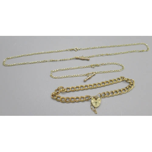 86 - 9ct yellow gold figaro chain necklace and bracelet stamped 375, 40cm & 19cm, and a 9ct yellow gold c... 
