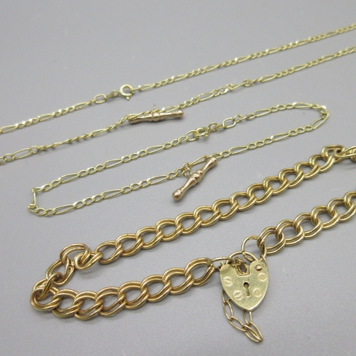 86 - 9ct yellow gold figaro chain necklace and bracelet stamped 375, 40cm & 19cm, and a 9ct yellow gold c... 
