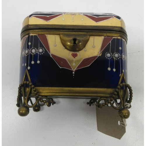 18 - 20th century gilt metal mounted blue glass rectangular jewellery casket, decorated with Art Deco geo... 