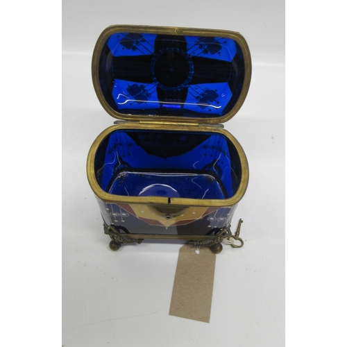 18 - 20th century gilt metal mounted blue glass rectangular jewellery casket, decorated with Art Deco geo... 