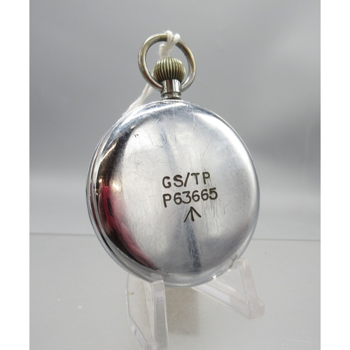 230 - Helvetia, WWII British Military Issue G.S.T.P. chrome keyless pocket watch, signed white Arabic dial... 