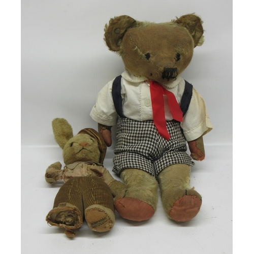 667 - Merrythought blond mohair bear with houndstooth dungarees white shirt and red ribbon tie, merrythoug... 