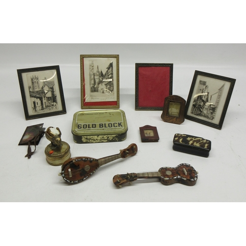 674 - Collection of curious, incl. miniature tortoiseshell mandolin with mother of pearl inlay; miniature ... 