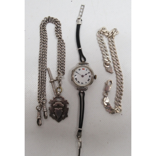 222 - Swiss ladies silver trench type wristwatch on cord strap, white enamel Roman dial with red 'XII', hi... 