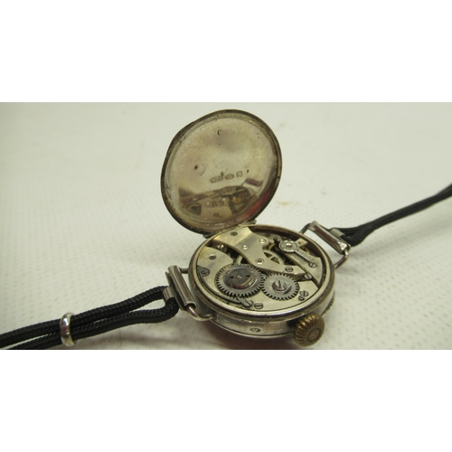 222 - Swiss ladies silver trench type wristwatch on cord strap, white enamel Roman dial with red 'XII', hi... 