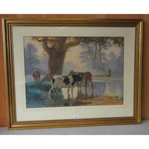 143 - John Syers (English 1815-1881) cows by a body of water, watercolour, signed to corner, framed, 52cm ... 