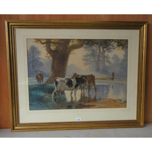 143 - John Syers (English 1815-1881) cows by a body of water, watercolour, signed to corner, framed, 52cm ... 