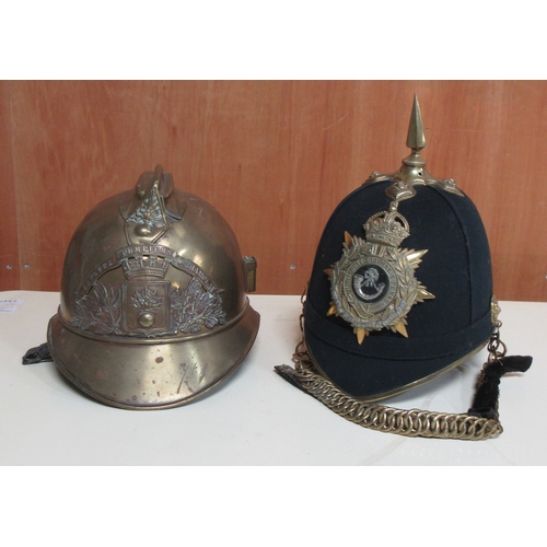 187 - Durham Light Infantry blue cloth helmet and pompiers brass fireman's helmet  Shipping £48.00 plus va... 