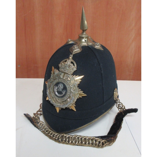 187 - Durham Light Infantry blue cloth helmet and pompiers brass fireman's helmet  Shipping £48.00 plus va... 