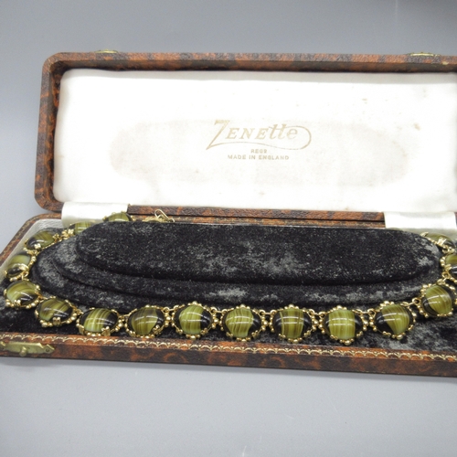 53 - Costume jewellery necklace, faux agate mounted in gilt metal with matching clip on earrings in prese... 