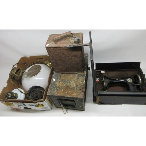 804 - Collection of opaline glass oil lamps, a Tailor Bird sewing machine and case, vintage jerry can, met... 