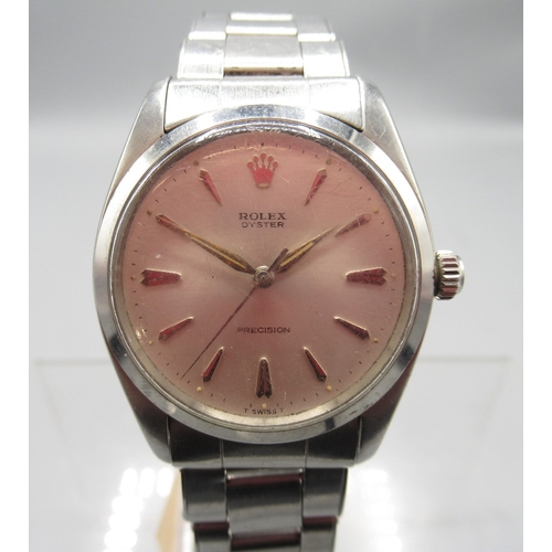 Rolex Oyster Precision stainless steel wristwatch on 6636 riveted expanding bracelet with signed deployment clasp, end links no. 75, signed silver dial with baton indices and centre seconds, screw down case back, ref. 6424, serial no. 1123294, D36.7mm