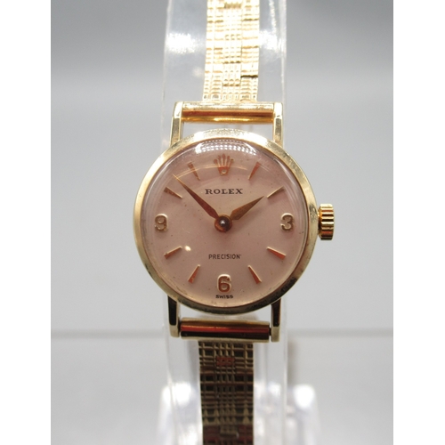2097 - Rolex Precision ladies 9ct gold wristwatch on period 9ct gold textured block link bracelet with depl... 