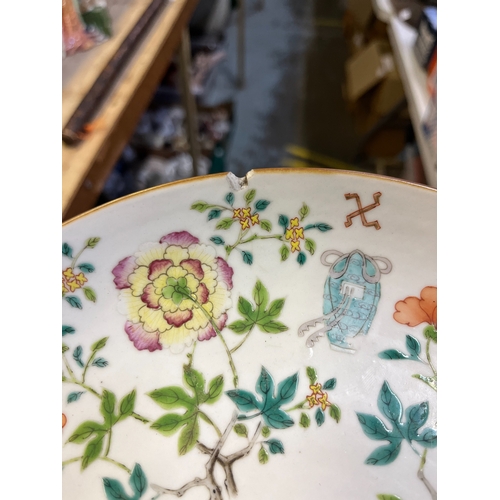213 - Famillie Rose porcelain dish, hand painted with ribbon tied ruyi scepter bordered by flowers, stampe... 