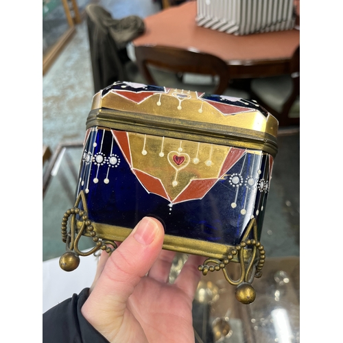 18 - 20th century gilt metal mounted blue glass rectangular jewellery casket, decorated with Art Deco geo... 