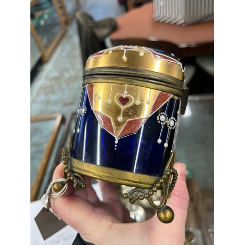 18 - 20th century gilt metal mounted blue glass rectangular jewellery casket, decorated with Art Deco geo... 