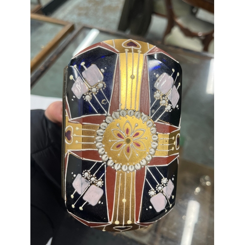 18 - 20th century gilt metal mounted blue glass rectangular jewellery casket, decorated with Art Deco geo... 