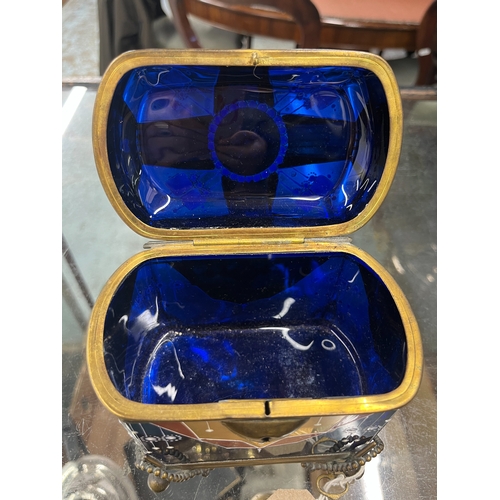 18 - 20th century gilt metal mounted blue glass rectangular jewellery casket, decorated with Art Deco geo... 