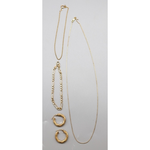 1292 - 9ct stamped pair of earrings, 9ct stamp rope twist bracelet L25cm, 9ct stamped Italian Figaro chain ... 