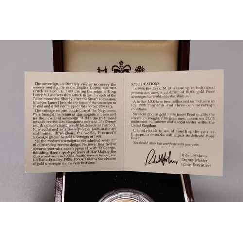 20 - Royal Mint - The 1998 Gold Proof Sovereign No.9611/10000, encapsulated in case with COA
Bradley's Sh... 