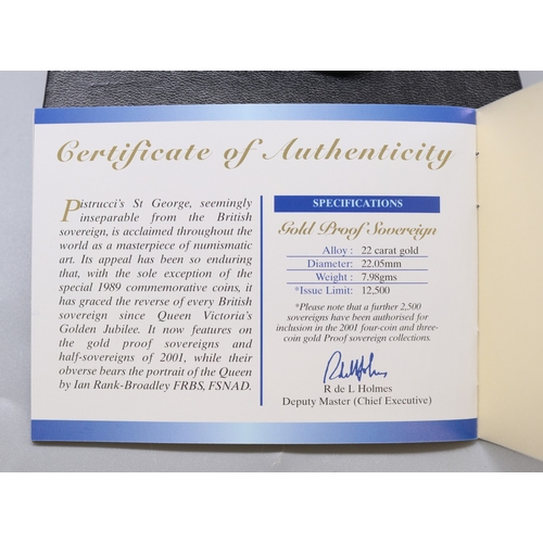 24 - Royal Mint - The 2001 United Kingdom Gold Proof Sovereign, No.01331/12500, encapsulated in case with... 