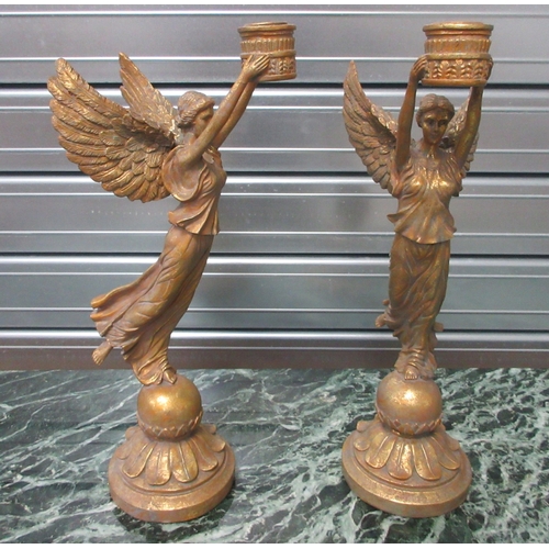 1389 - Pair of Regency style composite figural candlesticks, winged figures on sphere circular bases, H41cm... 