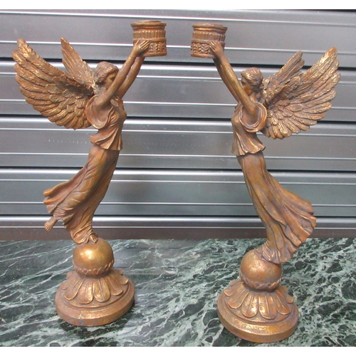 1389 - Pair of Regency style composite figural candlesticks, winged figures on sphere circular bases, H41cm... 