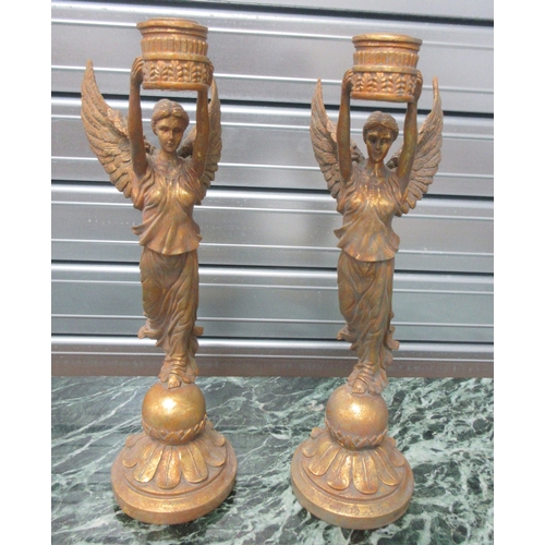 1389 - Pair of Regency style composite figural candlesticks, winged figures on sphere circular bases, H41cm... 