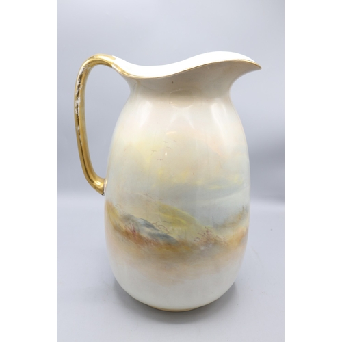 654 - Large Crown Devon jug painted with Highland cattle, signed G. Cox, gilt rim and handle, H33.5cm

Bra... 